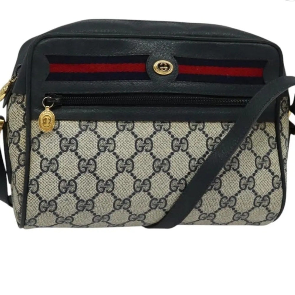 CERTIFIED Gucci GG Canvas Sherry Line bag Navy Red Black Brown Logo Canvas